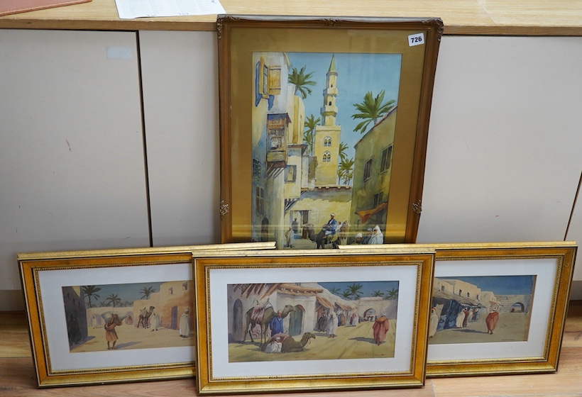 Giovanni Barbaro (1864-1915), Orientalist street scenes with figures and camels, each signed, four watercolours, largest 70 x 30cm